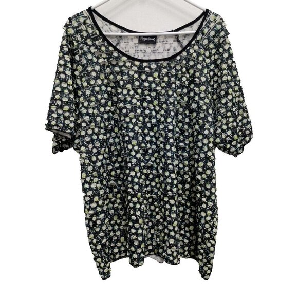 Maggie Barnes Tops - Maggie Barnes Womens Ruffle Top Size 1X Black Green Splatter Print Short Sleeve